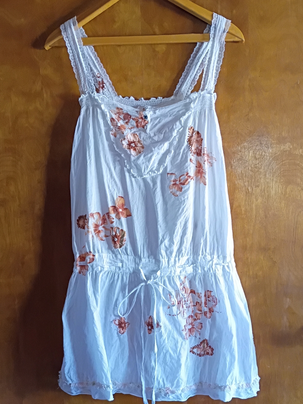 White Lace-Trim Floral Sundress with Rust Accent Swim Beach Embroidery Boho